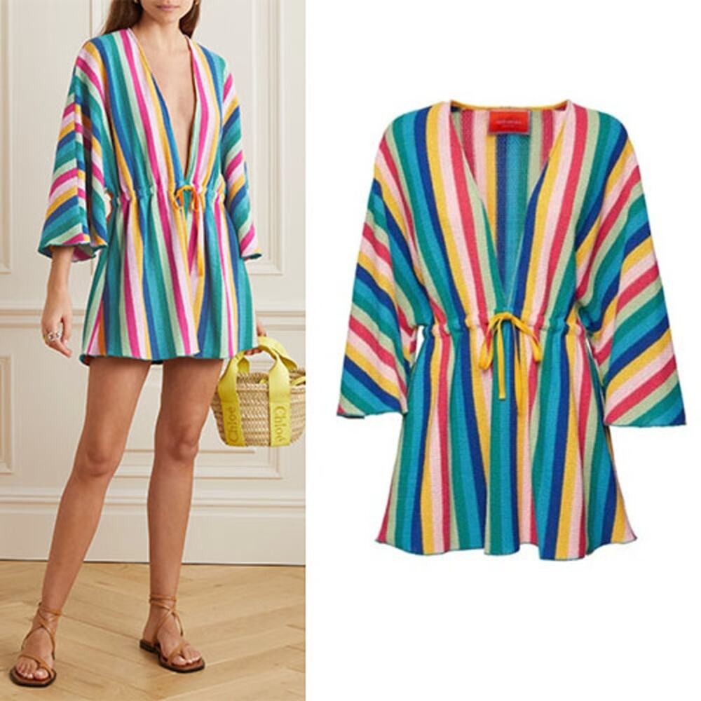 NEW La DoubleJ Striped Cotton-Blend Drawstring Tie Mini Dress Size: XS